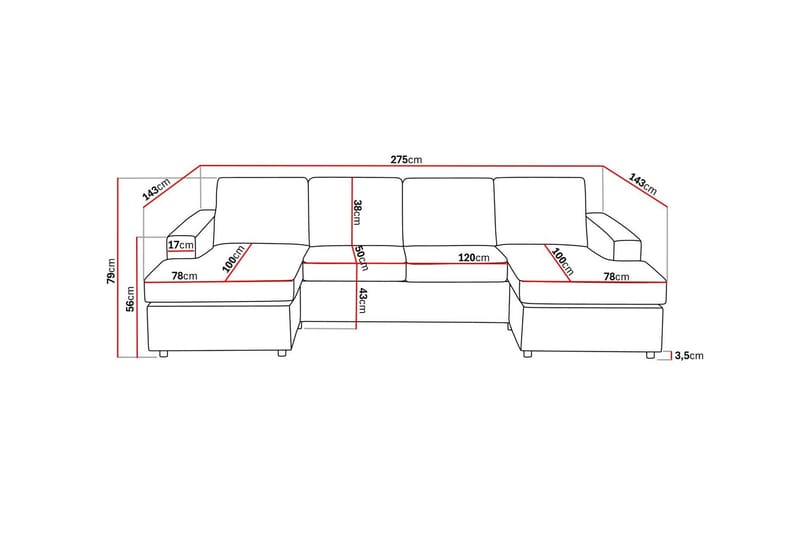 Crazy 4-sits U-formad Soffa med dubbeldivan i Tyg - Antracit - Möbler - Soffa - U-soffa