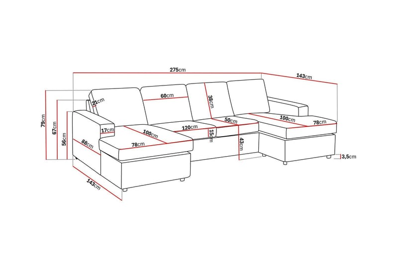 Crazy 4-sits U-formad Soffa med dubbeldivan i Tyg - Antracit - Möbler - Soffa - U-soffa