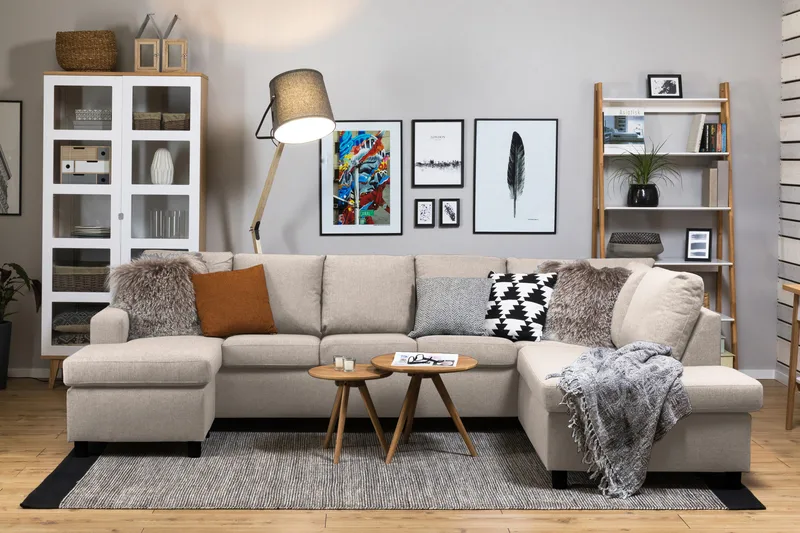 Crazy 5-sits Högervänd U-formad X-Large Soffa med Divan och Schäslong i Tyg - Beige - Möbler - Soffa - U-soffa