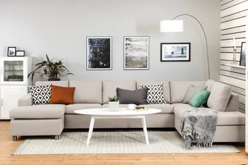 Crazy 5-sits Högervänd U-formad X-Large Soffa med Divan och Schäslong i Tyg - Beige - Möbler - Soffa - U-soffa