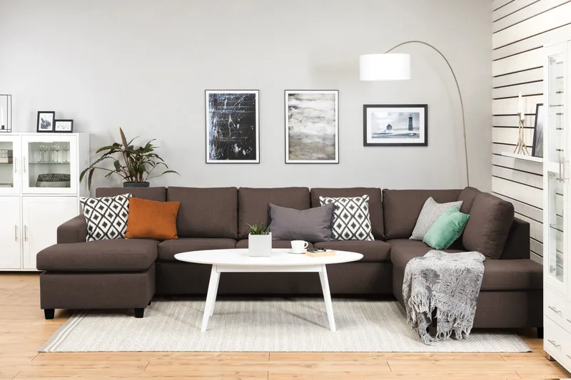 Crazy 5-sits Högervänd U-formad X-Large Soffa med Divan och Schäslong i Tyg - Brun - Möbler - Soffa - U-soffa