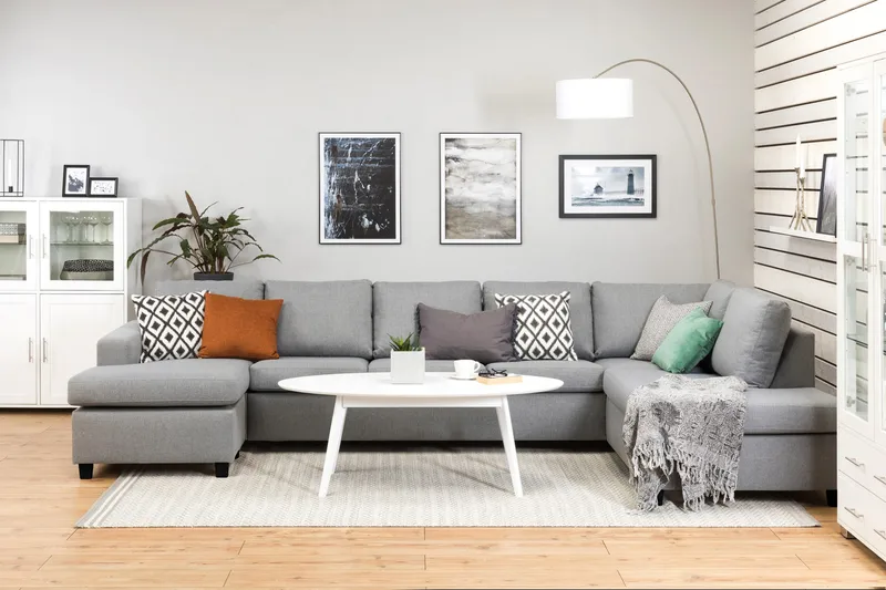 Crazy 5-sits Högervänd U-formad X-Large Soffa med Divan och Schäslong i Tyg - Grå - Möbler - Soffa - U-soffa