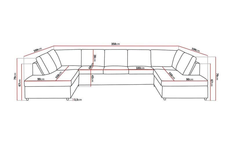 Crazy 5-sits U-formad Soffa med dubbelschäslong i Tyg - Antracit - Möbler - Soffa - U-soffa