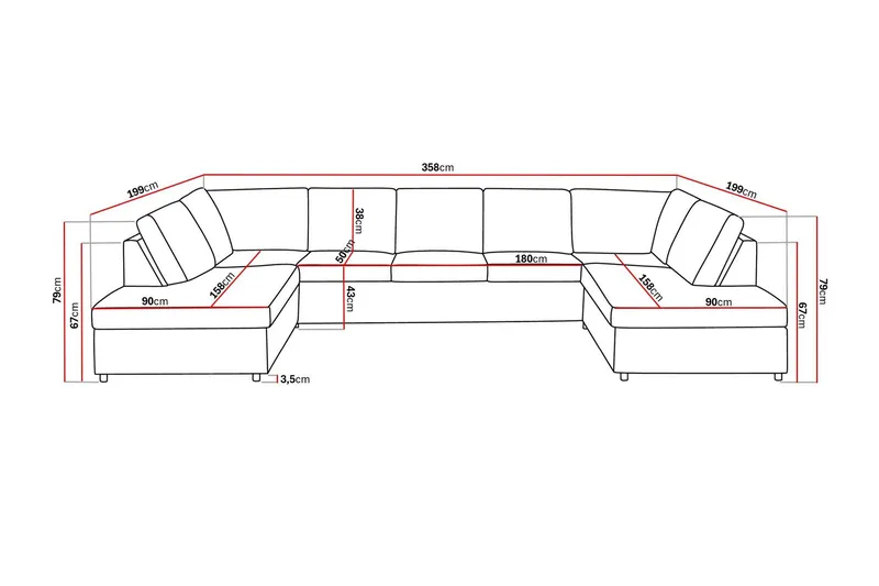 Crazy 5-sits U-formad Soffa med dubbelschäslong i Tyg - Antracit - Möbler - Soffa - U-soffa