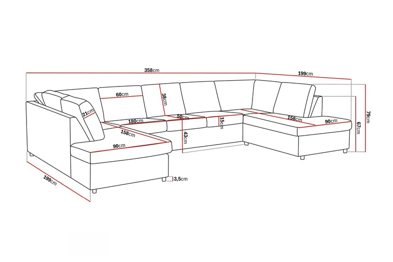 Crazy 5-sits U-formad Soffa med dubbelschäslong i Tyg - Antracit - Möbler - Soffa - U-soffa