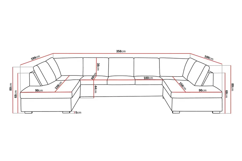 Crazy 5-sits U-formad Soffa med dubbelschäslong i Tyg - Mörkgrå - Möbler - Soffa - U-soffa