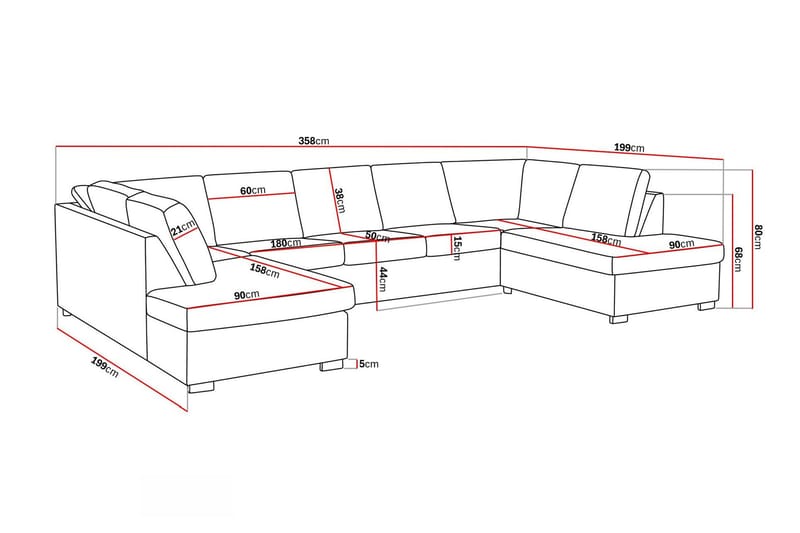 Crazy 5-sits U-formad Soffa med dubbelschäslong i Tyg - Mörkgrå - Möbler - Soffa - U-soffa