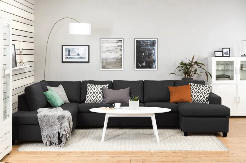 Crazy 5-sits Vänstervänd U-formad X-Large Soffa med Divan och Schäslong i Tyg - Antracit - Möbler - Soffa - U-soffa