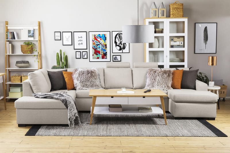Crazy 5-sits Vänstervänd U-formad X-Large Soffa med Divan och Schäslong i Tyg - Beige - Möbler - Soffa - U-soffa