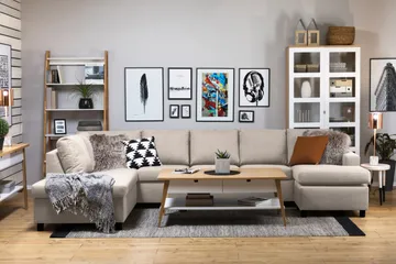 Crazy 5-sits Vänstervänd U-formad X-Large Soffa med Divan och Schäslong i Tyg - Beige - Möbler - Soffa - U-soffa