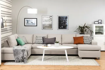 Crazy 5-sits Vänstervänd U-formad X-Large Soffa med Divan och Schäslong i Tyg - Beige - Möbler - Soffa - U-soffa