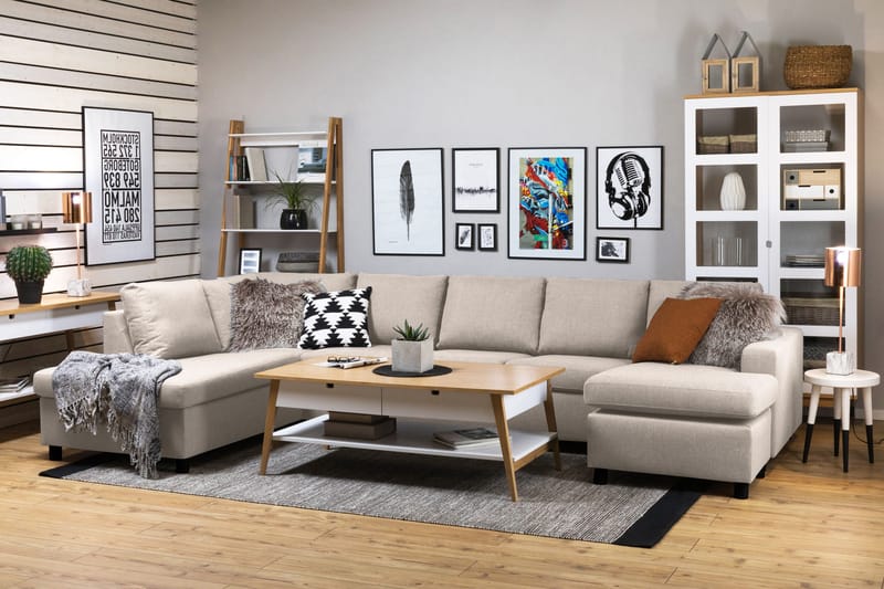 Crazy 5-sits Vänstervänd U-formad X-Large Soffa med Divan och Schäslong i Tyg - Beige - Möbler - Soffa - U-soffa