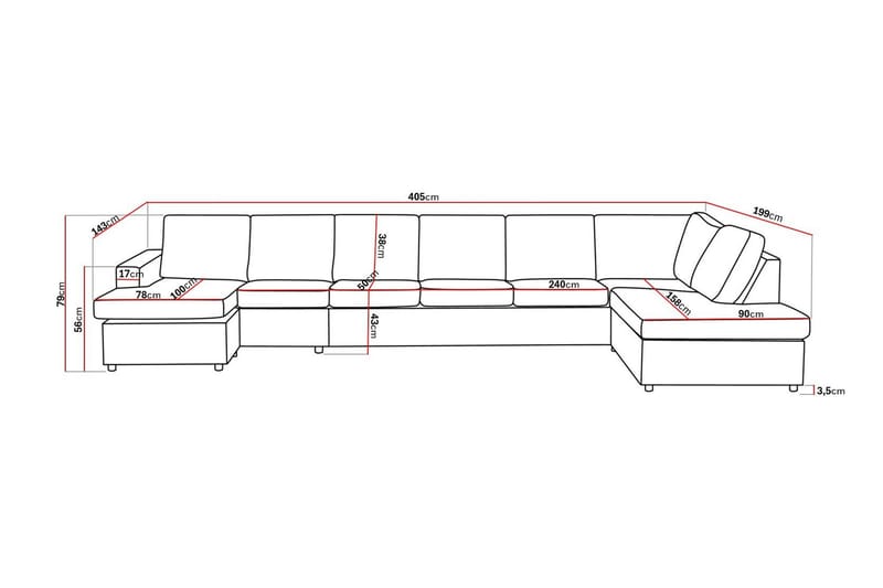 Crazy 6-sits Högervänd U-formad XX-Large Soffa med Divan och Schäslong i Tyg - Antracit - Möbler - Soffa - U-soffa