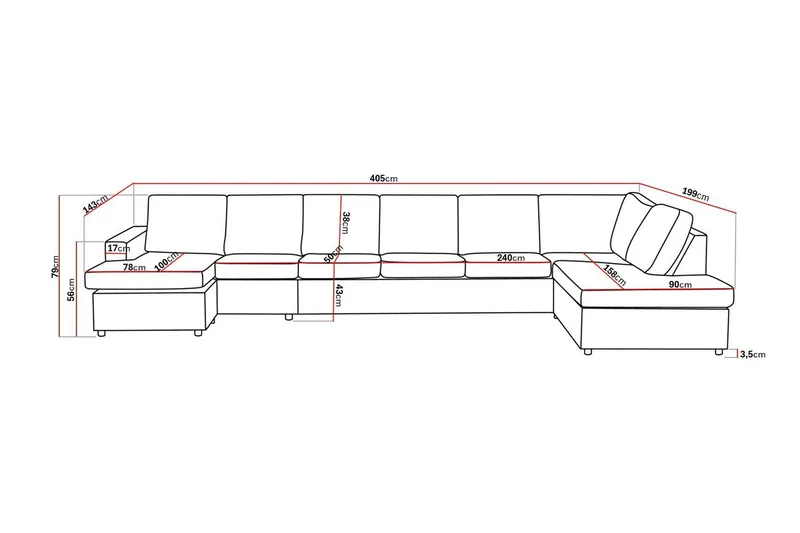 Crazy 6-sits Högervänd U-formad XX-Large Soffa med Divan och Schäslong i Tyg - Antracit - Möbler - Soffa - U-soffa