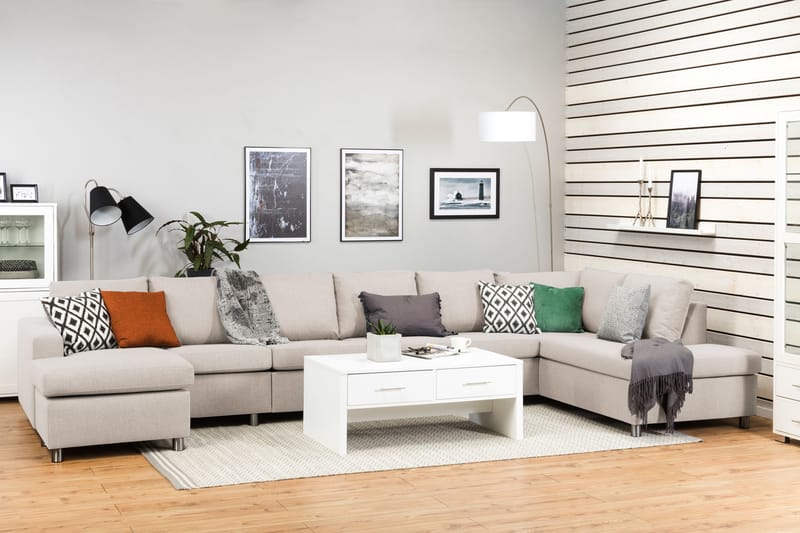 Crazy 6-sits Högervänd U-formad XX-Large Soffa med Divan och Schäslong i Tyg - Beige - Möbler - Soffa - U-soffa