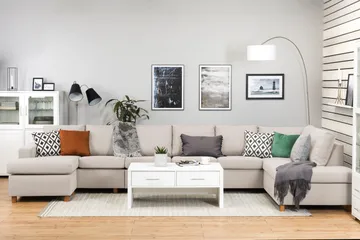 Crazy 6-sits Högervänd U-formad XX-Large Soffa med Divan och Schäslong i Tyg - Beige - Möbler - Soffa - U-soffa