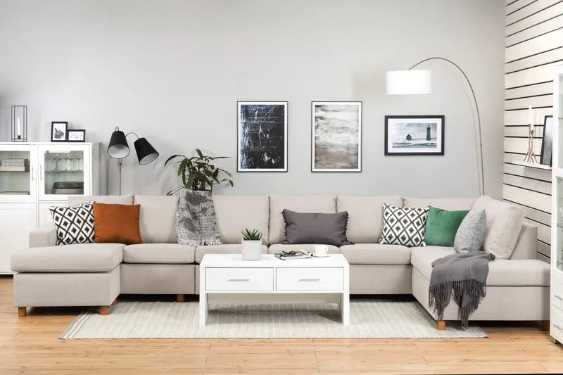 Crazy 6-sits Högervänd U-formad XX-Large Soffa med Divan och Schäslong i Tyg - Beige - Möbler - Soffa - U-soffa