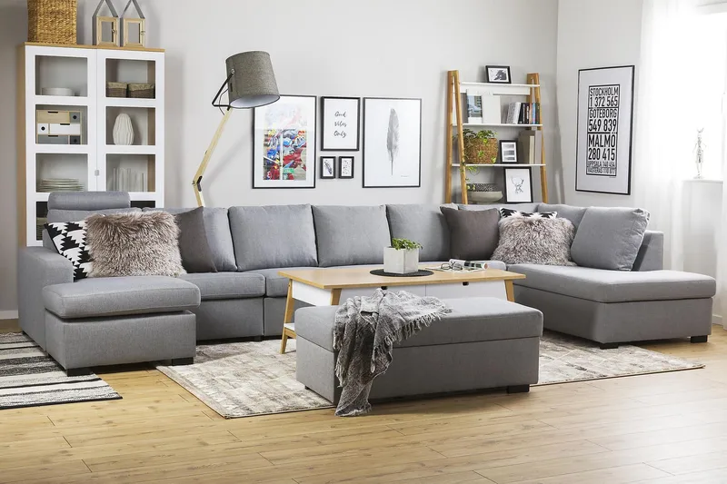 Crazy 6-sits Högervänd U-formad XX-Large Soffa med Divan och Schäslong i Tyg - Grå - Möbler - Soffa - U-soffa