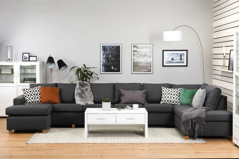 Crazy 6-sits Högervänd U-formad XX-Large Soffa med Divan och Schäslong i Tyg - Mörkgrå - Möbler - Soffa - U-soffa