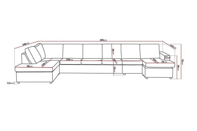 Crazy 6-sits Vänstervänd U-formad XX-Large Soffa med Divan och Schäslong i Tyg - Antracit - Möbler - Soffa - U-soffa