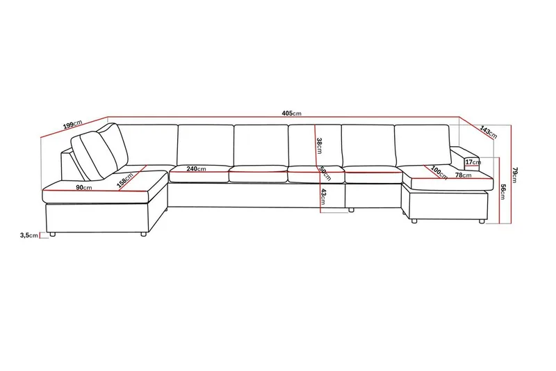 Crazy 6-sits Vänstervänd U-formad XX-Large Soffa med Divan och Schäslong i Tyg - Antracit - Möbler - Soffa - U-soffa