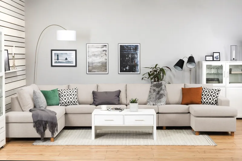 Crazy 6-sits Vänstervänd U-formad XX-Large Soffa med Divan och Schäslong i Tyg - Beige - Möbler - Soffa - U-soffa