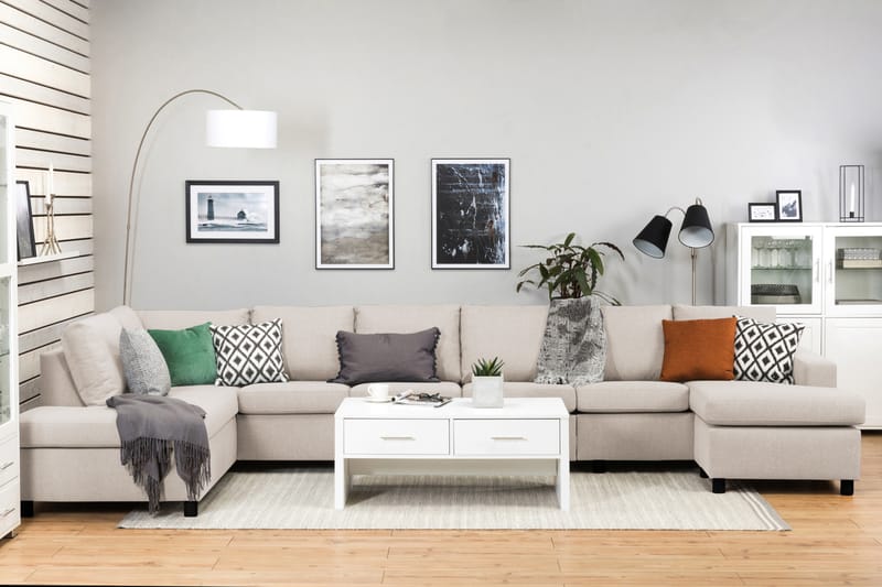 Crazy 6-sits Vänstervänd U-formad XX-Large Soffa med Divan och Schäslong i Tyg - Beige - Möbler - Soffa - U-soffa