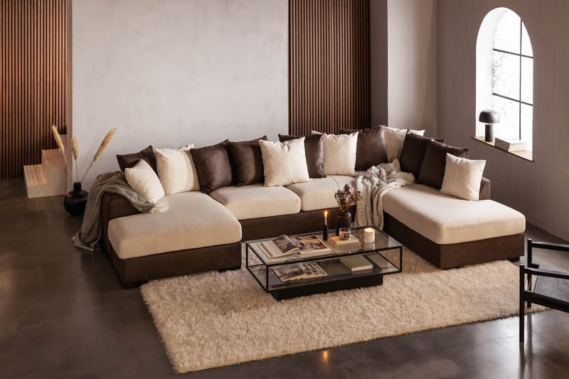 Cuba 5-sits Högervänd U-formad Soffa med Divan och Schäslong i Konstläder/Tyg inkl Kuvertkuddar - Brun / Beige - Möbler - Soffa - U-soffa