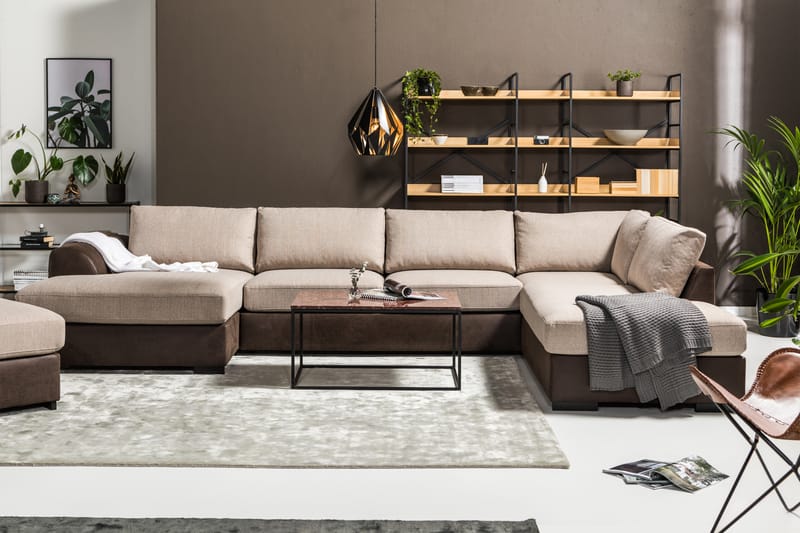 Cuba 5-sits Vänstervänd U-formad Large Soffa med Divan och Schäslong i Konstläder/Tyg - Brun / Beige - Möbler - Soffa - U-soffa