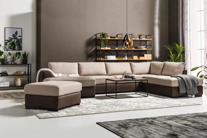 Cuba 5-sits Vänstervänd U-formad Large Soffa med Divan och Schäslong i Konstläder/Tyg - Brun / Beige - Möbler - Soffa - U-soffa