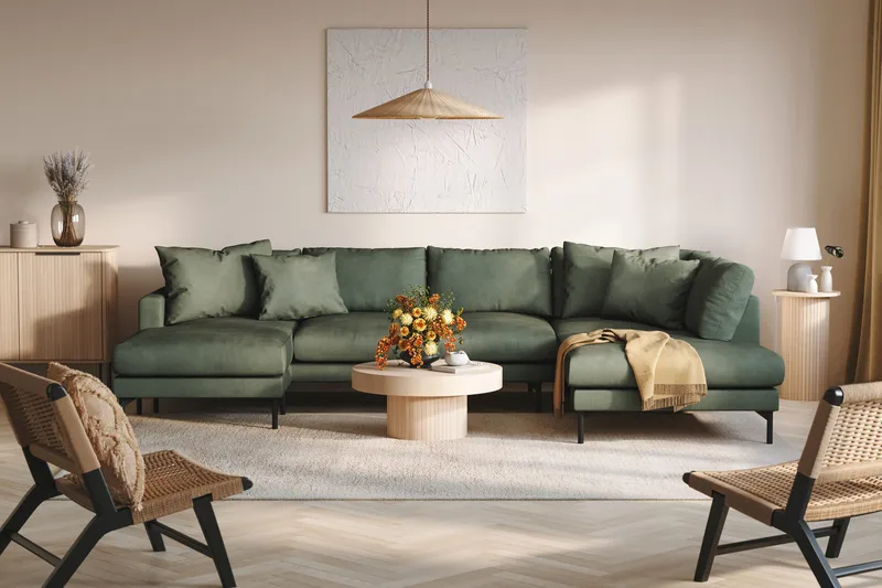 Menard 4-sits Högervänd Stor U-formad Djup Soffa med Divan och Schäslong i Manchester - Grön - Möbler - Soffa - U-soffa