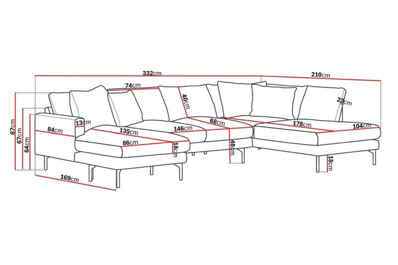 Menard 4-sits Högervänd U-formad Soffa med Divan och Schäslong i Tyg - Grå - Möbler - Soffa - U-soffa
