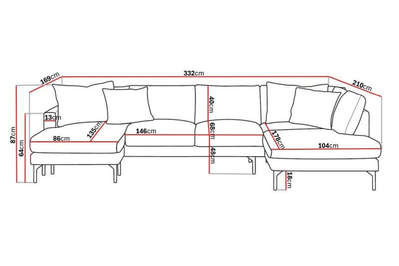 Menard 4-sits Högervänd U-formad Soffa med Divan och Schäslong i Tyg - Grå - Möbler - Soffa - U-soffa