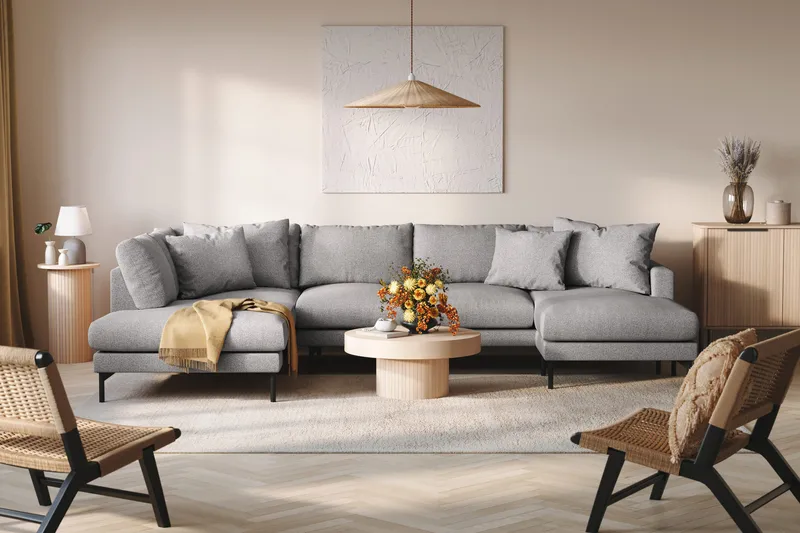 Menard 4-sits Vänstervänd Stor U-formad Djup Soffa med Divan och Schäslong i Tyg - Grå - Möbler - Soffa - U-soffa