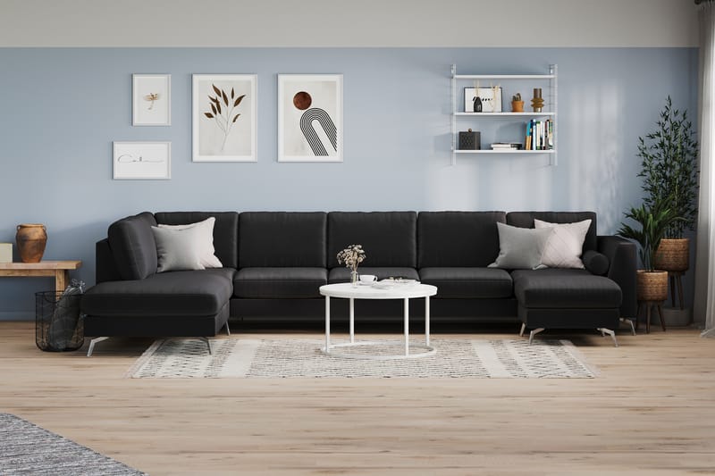 Ocean Lyx 6-sits Vänstervänd U-formad Soffa med Divan och Schäslong + Fotpall i Tyg - Svart - Möbler - Soffa - U-soffa