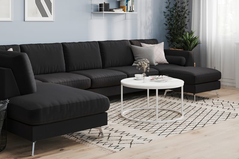 Ocean Lyx 6-sits Vänstervänd U-formad Soffa med Divan och Schäslong + Fotpall i Tyg - Svart - Möbler - Soffa - U-soffa