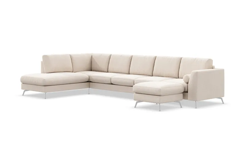 Ocean Lyx 6-sits Vänstervänd U-formad Soffa med Divan och Schäslong + Fotpall i Tyg - Beige - Möbler - Soffa - Divansoffa & schäslongsoffa