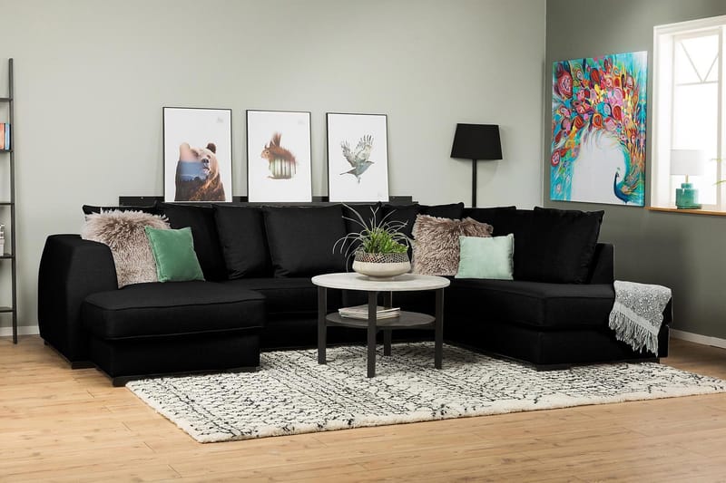 Optus 4-sits Högervänd U-formad Soffa med Divan och Schäslong i Tyg inkl Kuvertkuddar - Svart - Möbler - Soffa - U-soffa