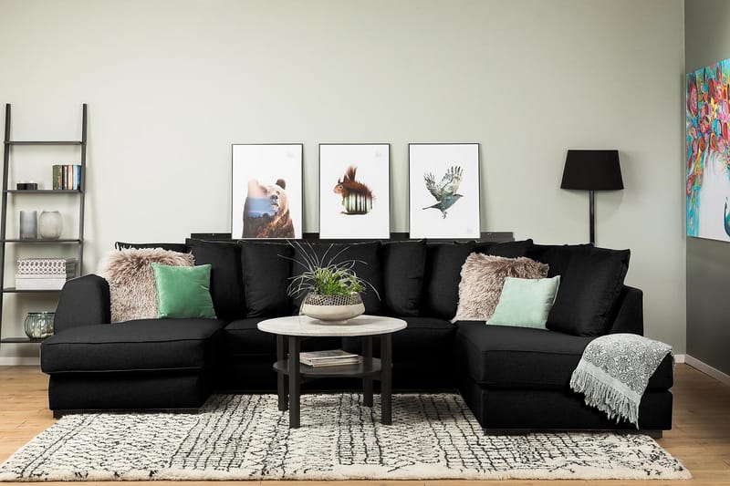 Optus 4-sits Högervänd U-formad Soffa med Divan och Schäslong i Tyg inkl Kuvertkuddar - Svart - Möbler - Soffa - U-soffa