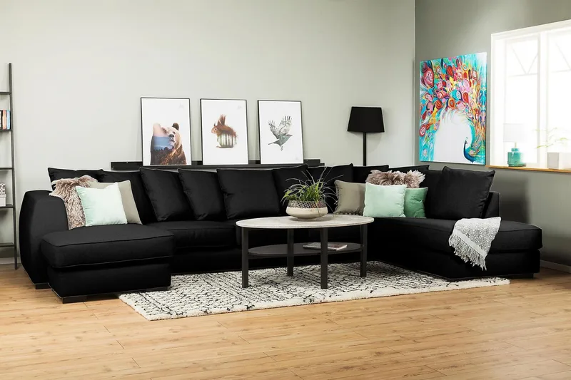 Optus 6-sits Högervänd U-formad Large Soffa med Divan och Schäslong i Tyg inkl Kuvertkuddar - Svart - Möbler - Soffa - U-soffa