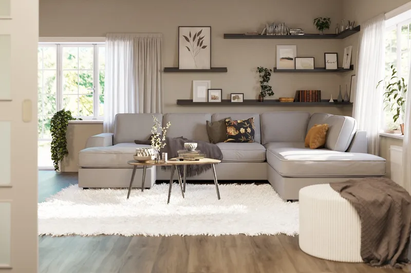 Optus Lyx 4-sits Högervänd U-formad Soffa med Divan och Schäslong i Tyg - Grå - Möbler - Soffa - U-soffa