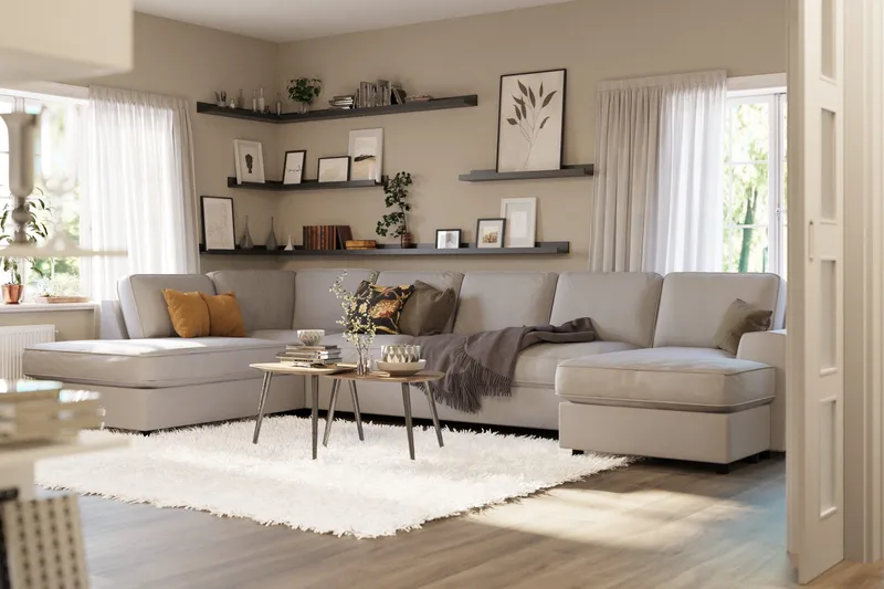 Optus Lyx 6-sits Vänstervänd U-formad Large Soffa med Divan och Schäslong i Tyg - Grå - Möbler - Soffa - U-soffa