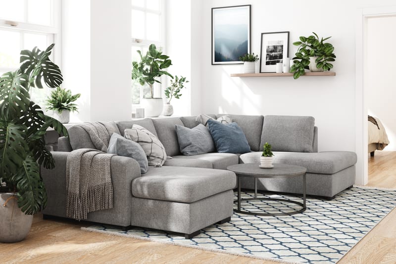 Porto 4-sits Högervänd U-formad Soffa med Divan och Schäslong i Tyg - Ljusgrå - Möbler - Soffa - U-soffa