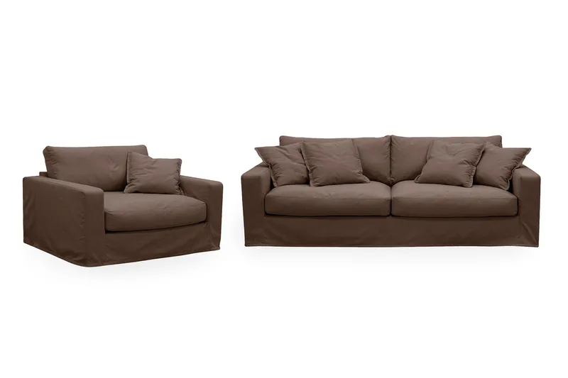 Valencia Extra Djup 3-sits soffa + fåtölj med avtagbar och tvättbar klädsel, Mörkbrun