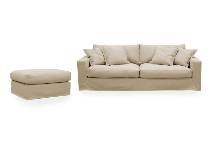 Valencia Extra Djup 3-sits soffa + fotpall med avtagbar och tvättbar klädsel, Beige
