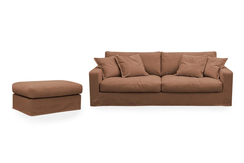 Valencia Extra Djup 3-sits soffa + fotpall med avtagbar och tvättbar klädsel, Rödbrun