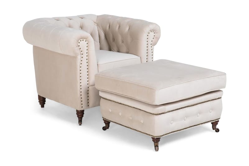 Chester Deluxe Fåtölj+Fotpall Sammet Beige - Beige|Vit - Möbler - Fåtölj & stolar - Fåtölj - Fåtölj med fotpall