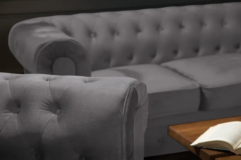 Chesterfield Lyx Stor skön djup sammetsfåtölj - Fåtölj till vardagsrum - Mörkgrå Sammet - Möbler - Fåtölj & stolar - Fåtölj - Chesterfield fåtölj