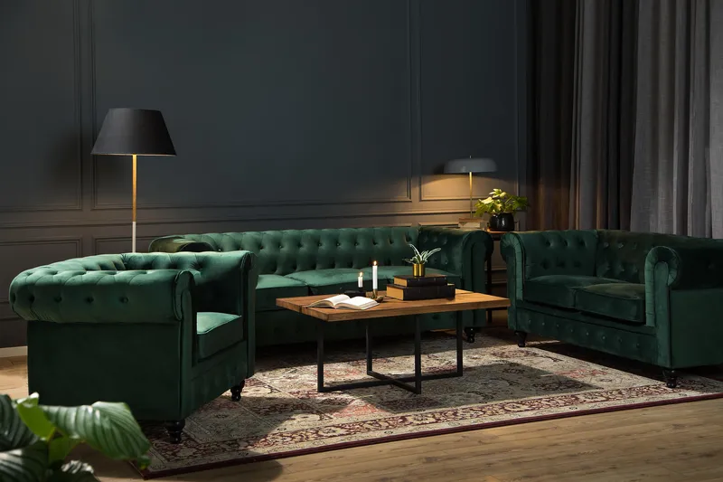 Chesterfield Lyx Stor skön djup sammetsfåtölj - Fåtölj till vardagsrum - Mörkgrön Sammet - Möbler - Fåtölj & stolar - Fåtölj - Chesterfield fåtölj