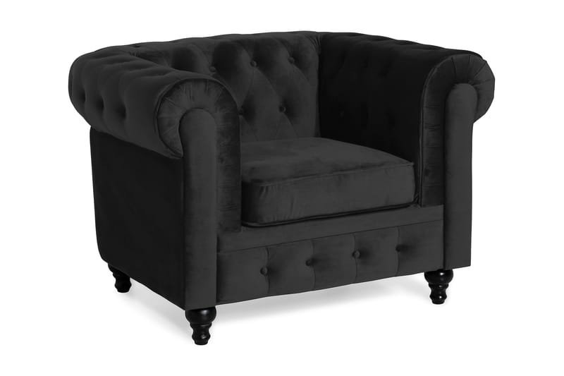 Chesterfield Lyx Stor skön djup sammetsfåtölj - Fåtölj till vardagsrum, Svart Sammet